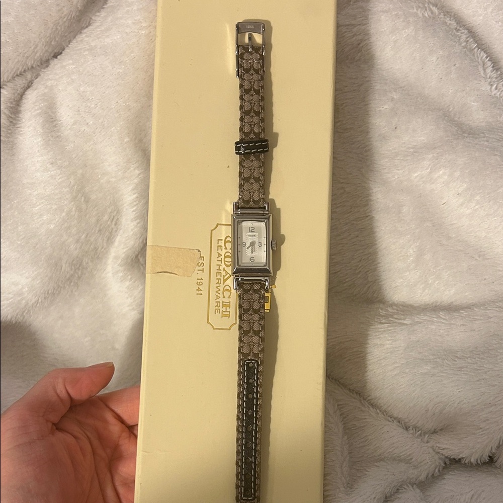 Coach Silver Watch with Brown Patterned Strap